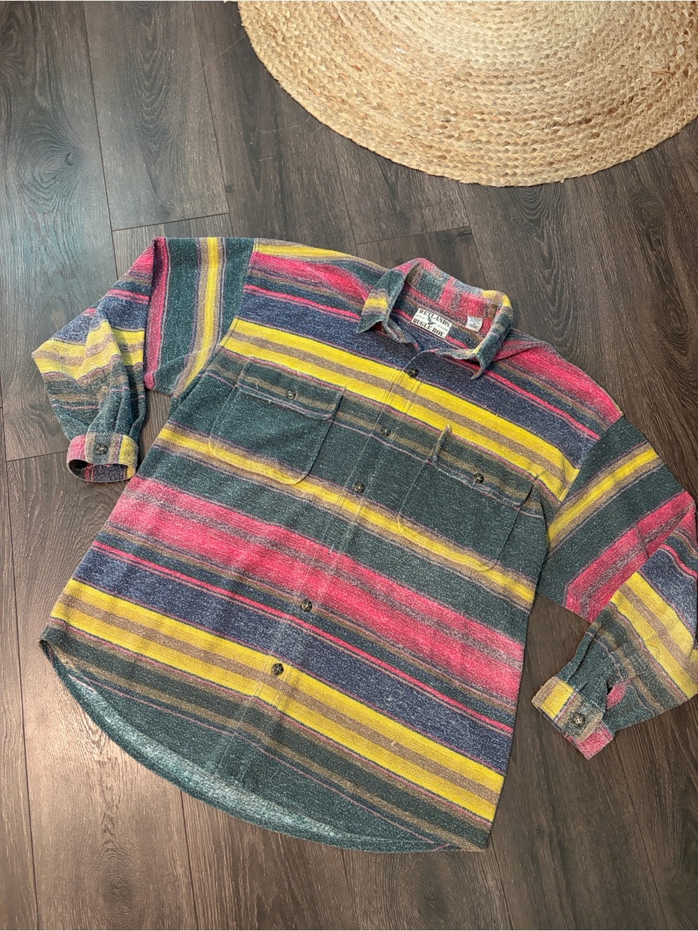 Vintage Bugle Boy Multicolor Striped Shirt Jacket in Green, Pink & Yellow XL